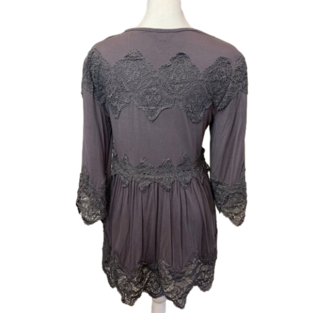 Bohemian meets Grunge Long sleeve Cotton top w Lace V- neck w/tie up Grey/purple - Picture 6 of 8